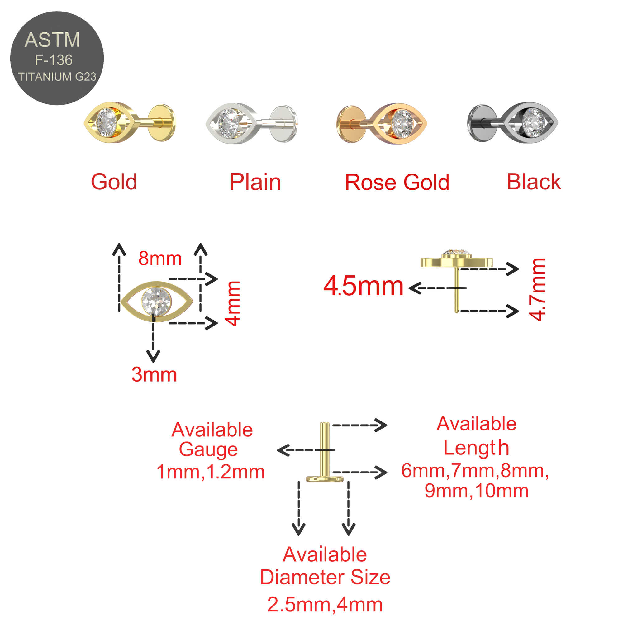 G23 Grade Titanium CZ Jewelled Evil Eye Push-Fit Flat Back - Monster Piercing